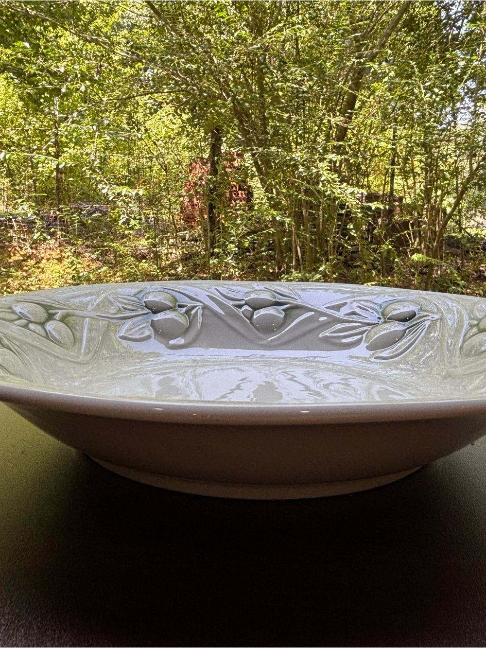 Embossed Olive Motif Ceramic Serving Bowl - Pale Green 10in - Picture 2 of 5